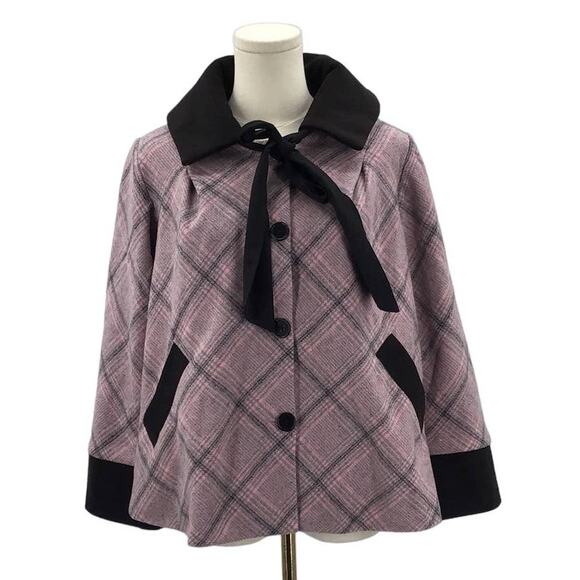 UNIQUE VINTAGE XS pink plaid collar 3/4 sleeve retro pinup coat jacket NWT B115 - Picture 2 of 5